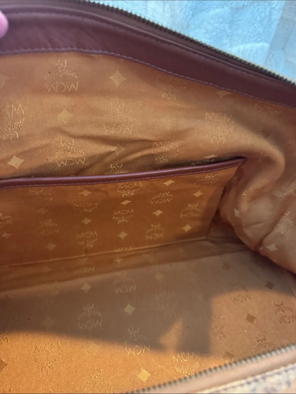 MCM Cognac Monogram Satchel with Dark Brown Handles and Gold Hardware